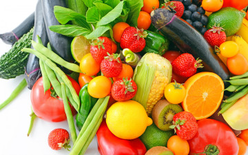 Картинка еда фрукты+и+овощи+вместе fresh апельсин ягоды овощи фрукты киви клубника баклажан кукуруза лимоны berries fruits vegetables