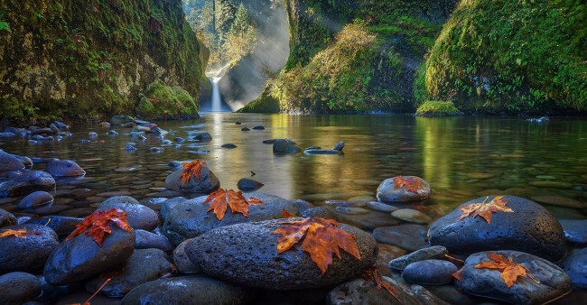 Обои картинки фото природа, водопады, камни, лес, озеро, горы, листья, деревья, вода