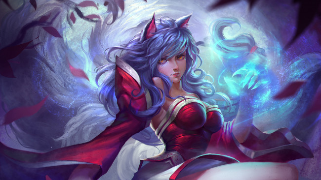 Обои картинки фото видео игры, league of legends, ahri, league, of, legends, lol, арт, взгляд, магия, девушка, ушки