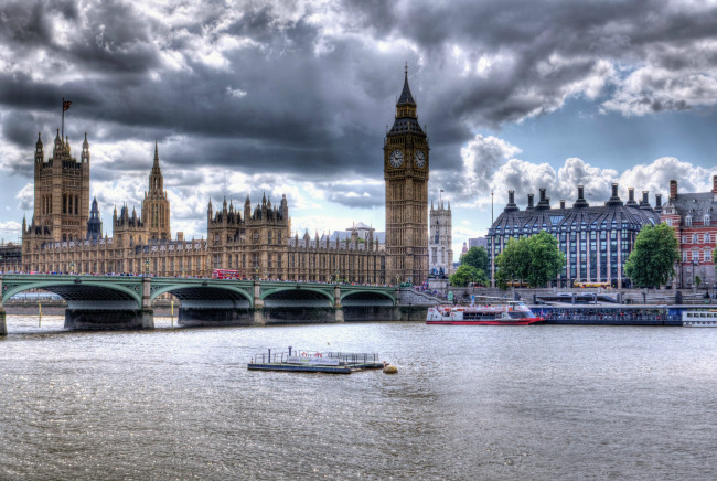 Обои картинки фото города, лондон , великобритания, часы, башня, река, мост