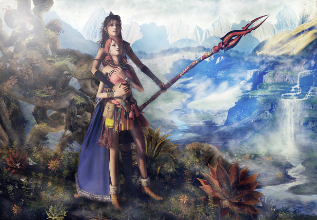 Обои картинки фото видео игры, final fantasy xiii, фон, взгляд, девушки, шест, горы