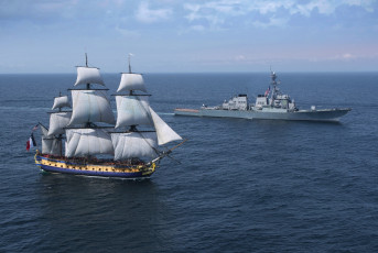 Картинка корабли разные+вместе парусник эсминец море эпохи