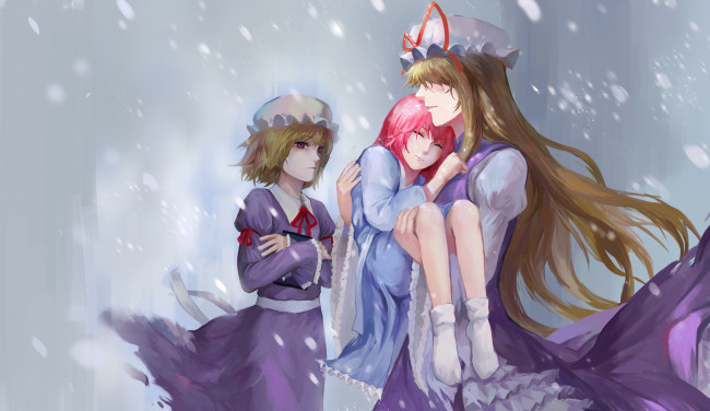 Обои картинки фото аниме, touhou, чепчик, снег, платье, девушки