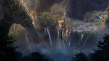 Картинка фэнтези пейзажи solitary tower julian calle горы водопад деревья скалы строение