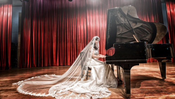 Картинка музыка -другое сцена платье фата занавес рояль девушка