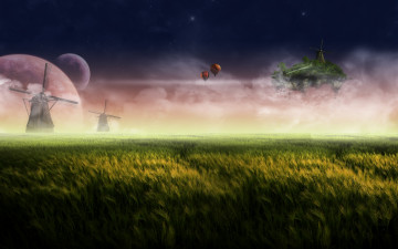 Картинка разное компьютерный+дизайн воздушные планеты остров облака мельницы небо поле шары