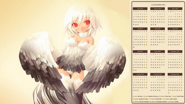 Обои картинки фото календари, аниме, взгляд, девушка, крылья