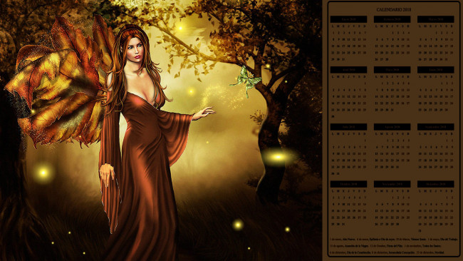 Обои картинки фото календари, фэнтези, дерево, бабочка, взгляд, женщина