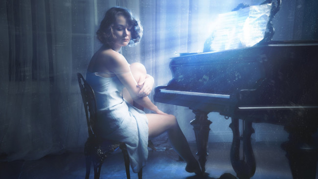 Обои картинки фото музыка, -другое, свет, стул, девушка, пианино