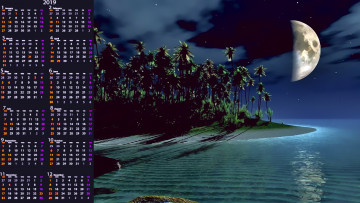 Картинка календари 3д-графика природа пальма ночь луна остров водоем
