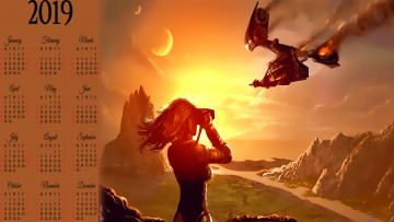 Картинка календари фэнтези бинокль гора звездолет девушка