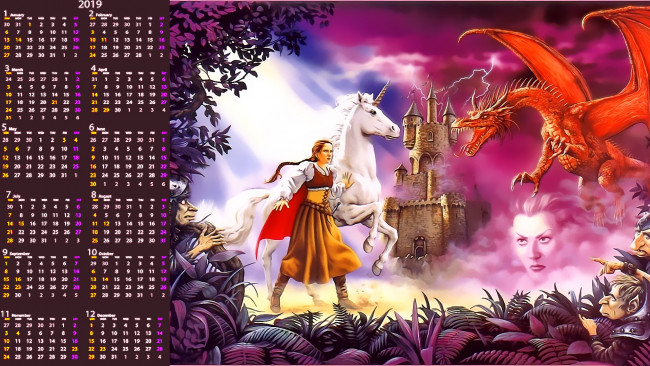 Обои картинки фото календари, фэнтези, девушка, конь, дракон, замок, белый, лошадь