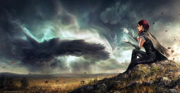 Картинка фэнтези маги +волшебники девушка магия холм поле ураган