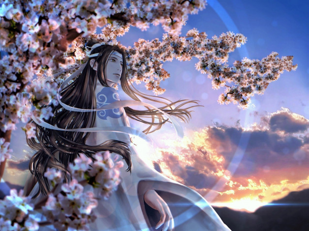 Обои картинки фото аниме, mo dao zu shi, лань, ванцзы, цветение, деревья