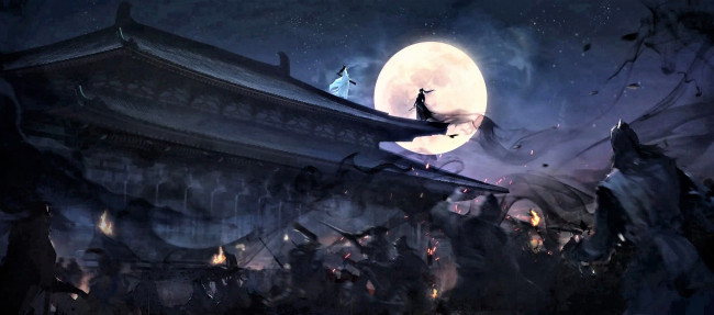 Обои картинки фото аниме, mo dao zu shi, вэй, усянь, лань, ванцзы, крыша, луна, бой