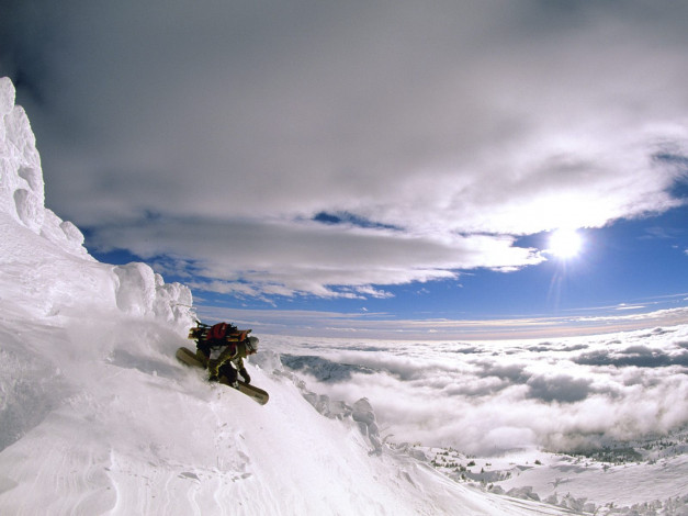 Обои картинки фото 236180, спорт, сноуборд, снег, горы, облака, солнце