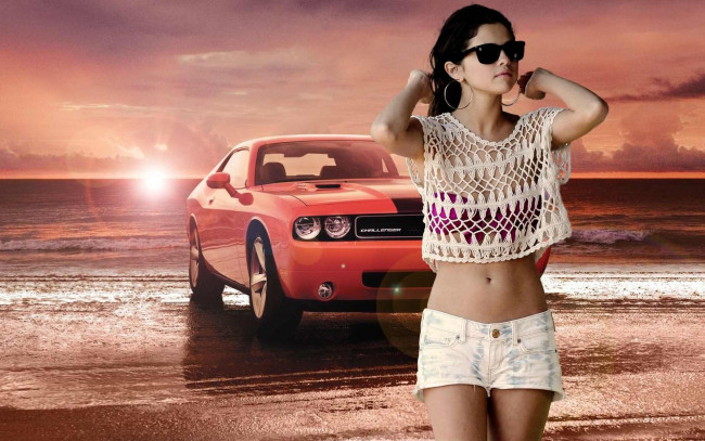 Обои картинки фото автомобили, авто, девушками, selena, gomez, закат, море, challenger