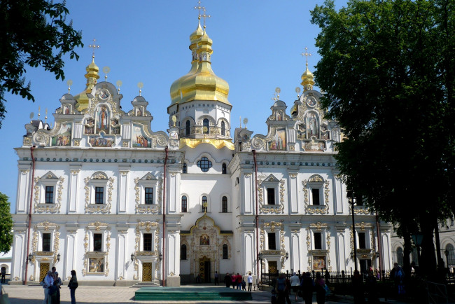 Обои картинки фото успенский, собор, киево, печерской, лавры, города, киев, украина, купола, кресты, роспись, позолота