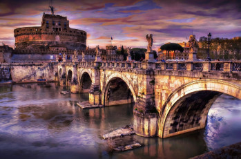 обоя castel, sant`, angelo, rome, города, рим, ватикан, италия, вечер, город, река, мост, тучи
