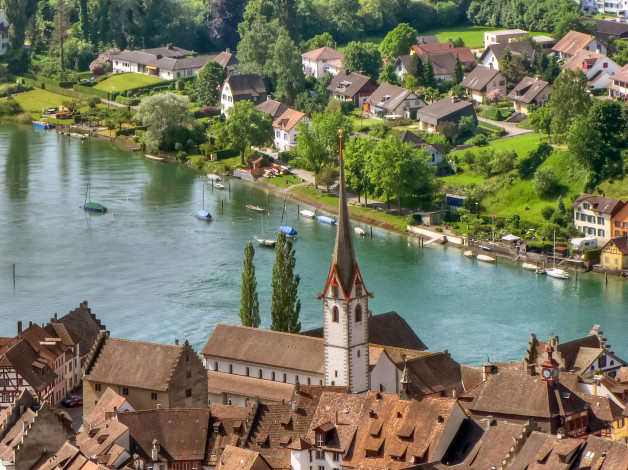 Обои картинки фото швейцария, штайн, ам, райн, города, панорамы, дома, река, набережная, деревья