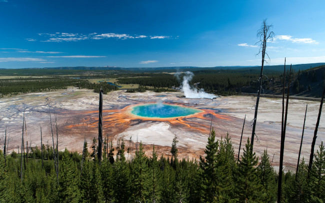 Обои картинки фото grand, prismatic, spring, yellowstone, national, park, природа, реки, озера, большой, призматический, источник, йеллоустон, панорама