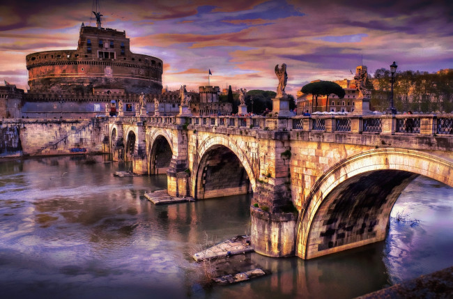 Обои картинки фото castel, sant`, angelo, rome, города, рим, ватикан, италия, вечер, город, река, мост, тучи