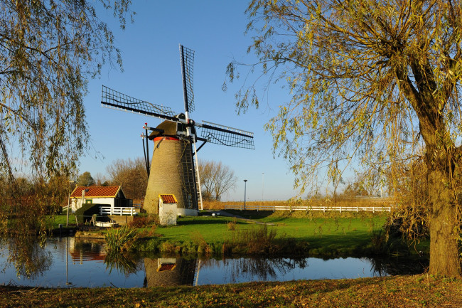 Обои картинки фото разное, мельницы, мельница, голландия, поселок, река