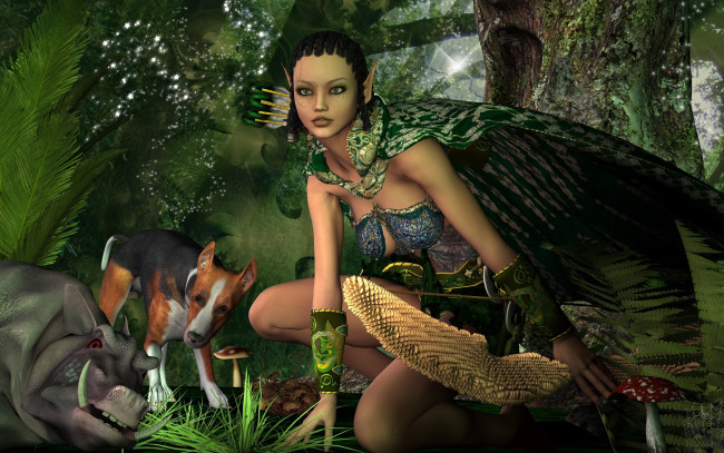 Обои картинки фото 3д графика, эльфы , elves, собака, лес, эмблема