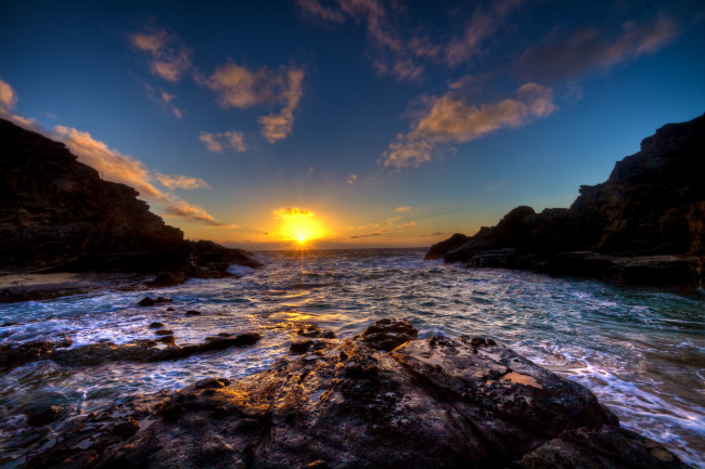 Обои картинки фото природа, восходы, закаты, бухта, океан, солнце, горизонт