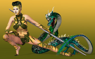Картинка 3д+графика фантазия+ fantasy взгляд дракон тату девушка оружие фон