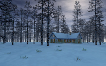 Картинка 3д+графика природа+ nature дом лес снег