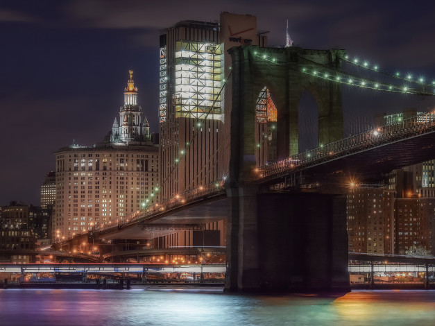 Обои картинки фото brooklyn bridge, города, нью-йорк , сша, огни, ночь