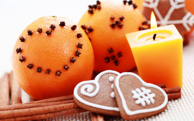 Обои картинки фото еда, цитрусы, апельсины, корица, печенье, гвоздика, свеча