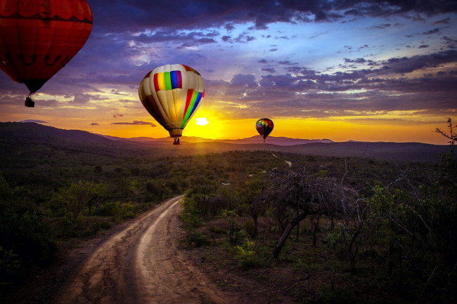 Обои картинки фото авиация, воздушные шары, дорога, шары, воздушные, закат