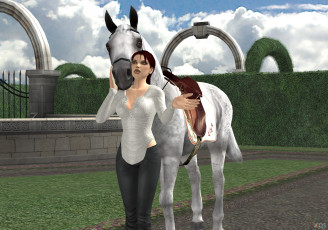 Картинка 3д+графика люди+и+животные+ people+and+animals лошадь фон взгляд девушка