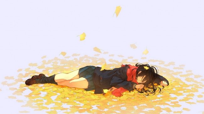 Обои картинки фото аниме, unknown,  другое , листья, осень, девочка