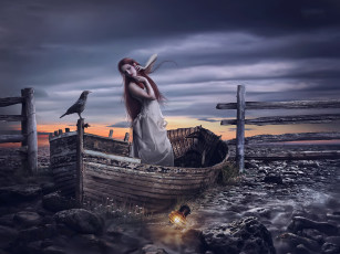 Картинка фэнтези фотоарт девушка фон лодка ворон