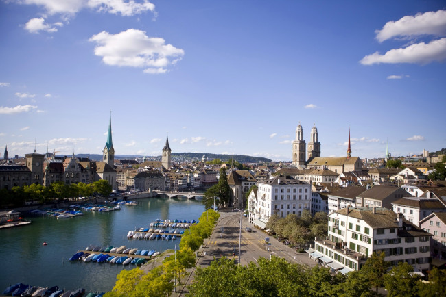 Обои картинки фото города, цюрих , швейцария, река, мост, набережная, дома, панорама