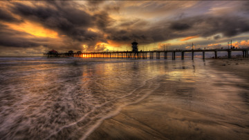 Картинка sunset природа маяки пляж тучи море
