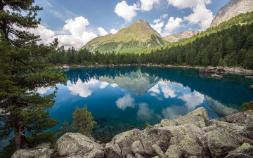Картинка природа реки озера озеро камни пейзаж лес деревья отражение горы