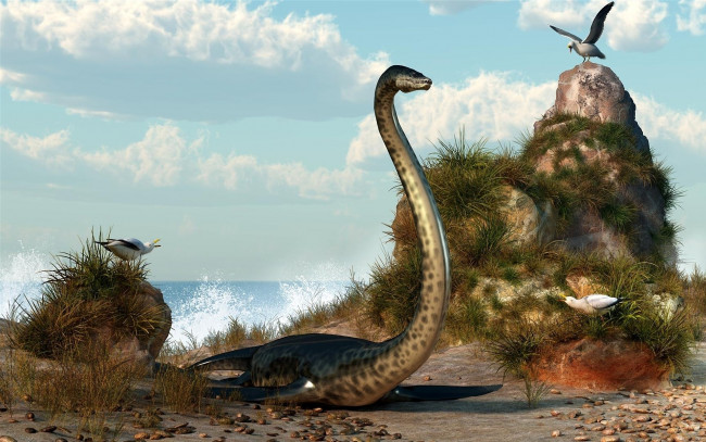 Обои картинки фото elasmosaurus, 3д, графика, animals, животные, берег, динозавр, птицы