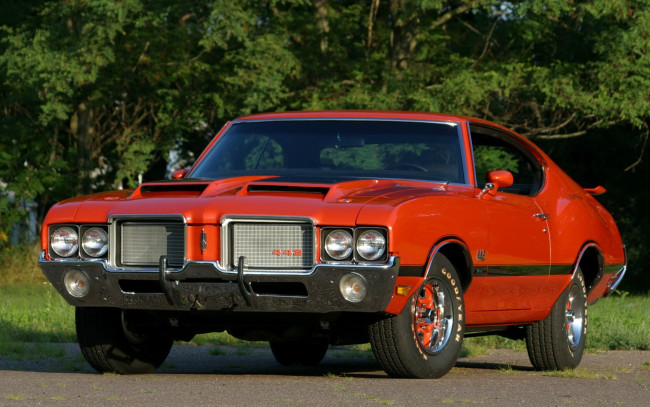 Обои картинки фото автомобили, oldsmobile, купе, кутласс, олдсмобиль, 1972, cutlass, 442, w-30, hardtop, coupe, фон, деревья, оранжевый, передок, muscle, car, мускул, кар