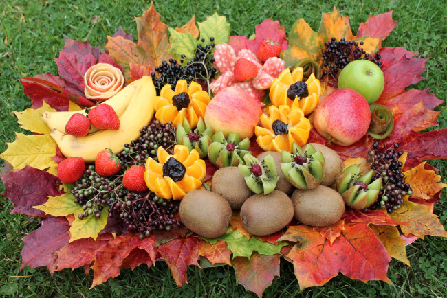 Обои картинки фото еда, фрукты,  ягоды, осень, бузина, апельсин, богатство, киви, яблоки, банан
