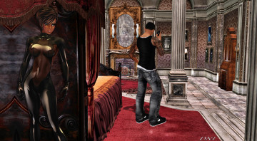 Картинка 3д+графика фантазия+ fantasy интерьер комната кровать девушка взгляд фон мужчина