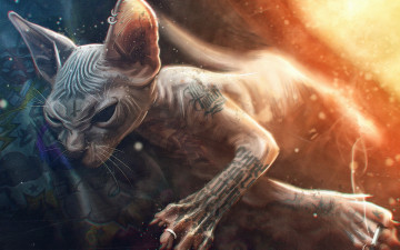 Картинка фэнтези фотоарт max twain кот кошка сфинкс порода стилизация фотошоп рисунок фото тату сигарета