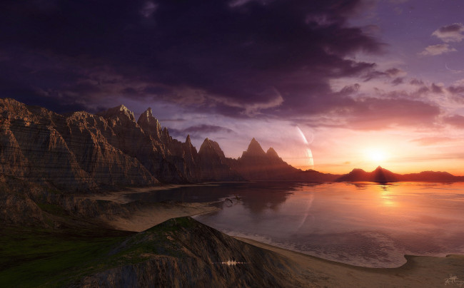 Обои картинки фото 3д графика, атмосфера, настроение , atmosphere ,  mood , планеты, горы, озеро
