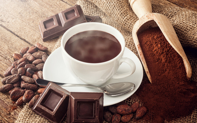 Обои картинки фото еда, кофе,  кофейные зёрна, шоколад, зерна, какао, напиток, coffee, drink, chocolate
