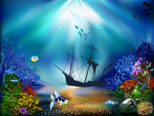 обоя векторная графика, другое , other, корабль, рыбы, море, водоросли