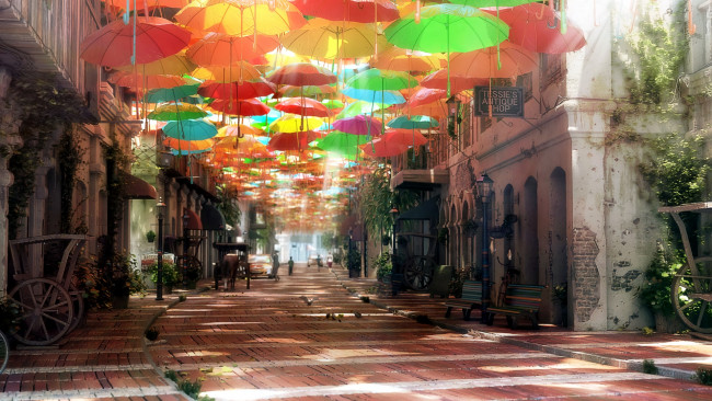 Обои картинки фото аниме, город,  улицы,  здания, зонты, улицы