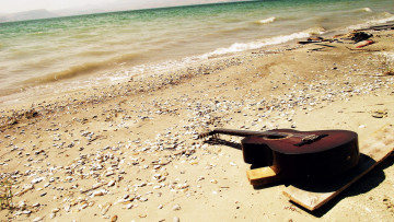 обоя музыка, -музыкальные инструменты, море, пляж, гитара